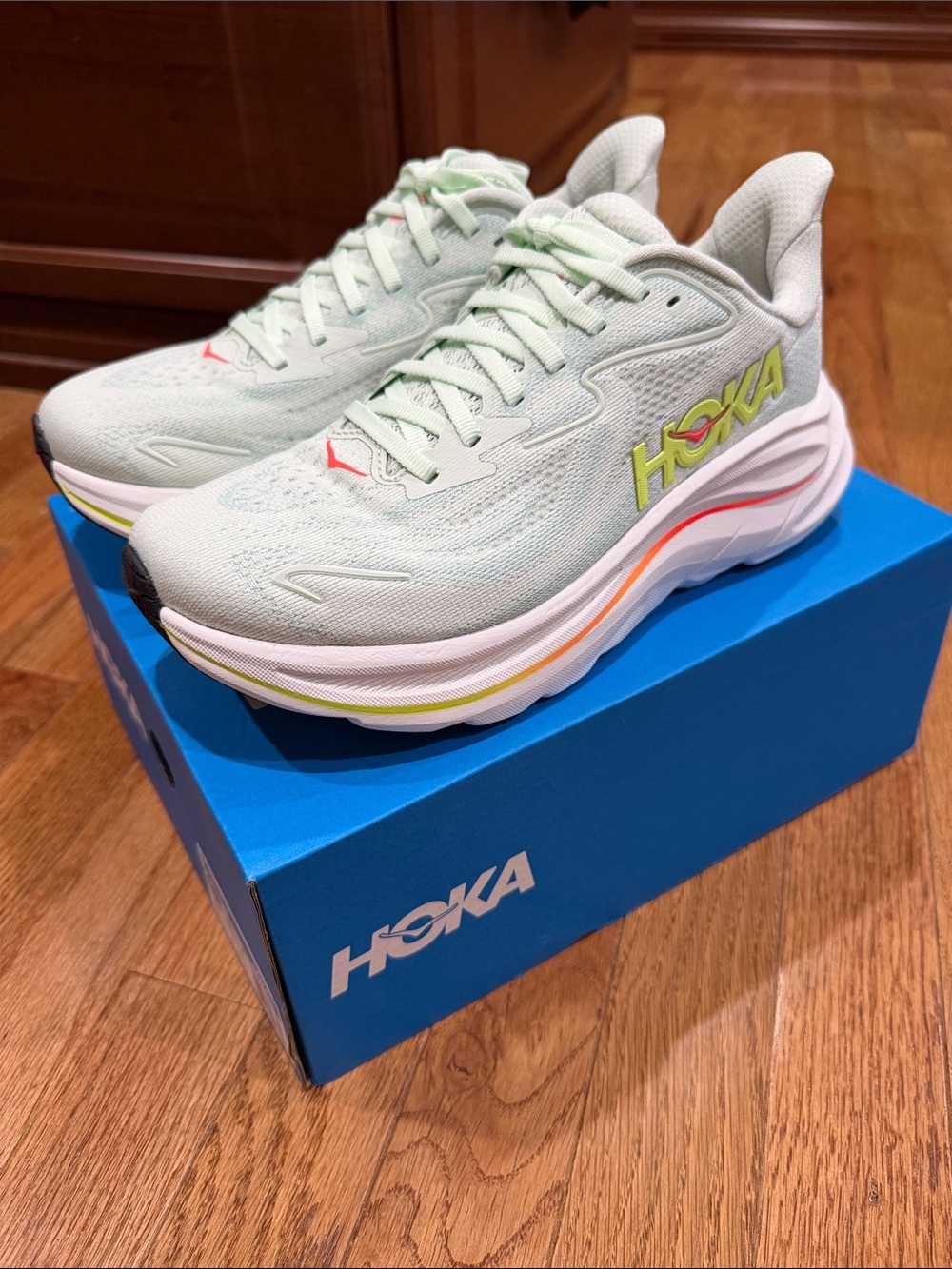 Hoka Women's Clifton 10 Sneakers Sea Glass/Neon Flame-NEW IN BOX